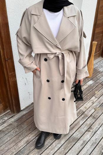 Lamelif Fleto Cep Omuz Apoletli Trençkot Taş Rengi