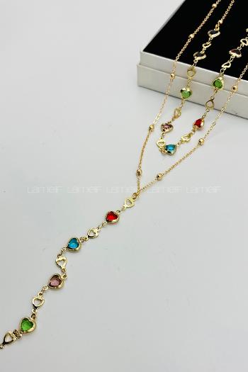 Lamelif Gold 2li Çokrenkli Kalp Y Kolye