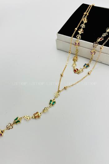 Lamelif Gold 2li Çokrenkli Kelebek Y Kolye