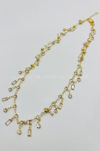 Lamelif Gold Çelik Kristal Taşlı Sallantılı Kararmaz Kolye