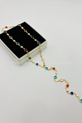 Lamelif Gold Çokrenkli Oval Taşlı Y Kolye