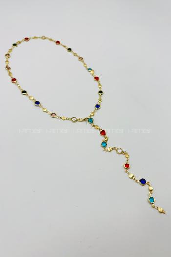 Lamelif Gold Çokrenkli Oval Taşlı Y Kolye