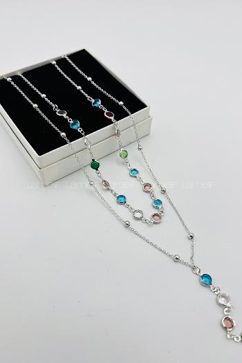 Lamelif Gümüş 2li Çokrenkli Oval Y Kolye