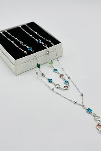 Lamelif Gümüş 2li Çokrenkli Oval Y Kolye