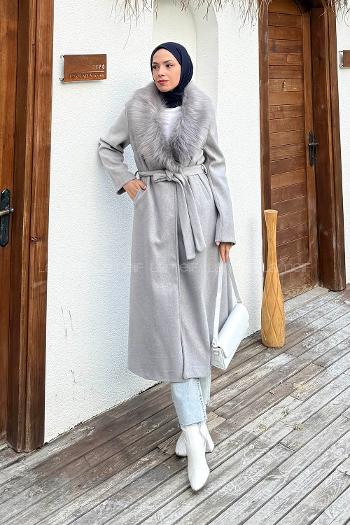 Lamelif Kürk Yakalı Kaban Gri