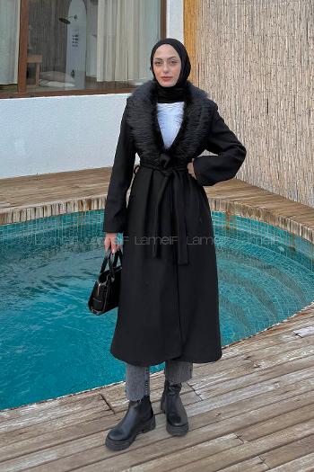 Lamelif Kürk Yakalı Kaban Siyah