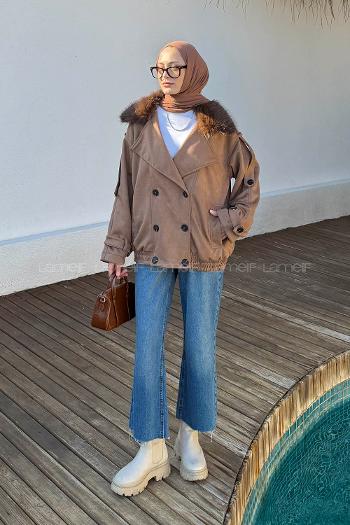 Lamelif Kürk Yakalı Süet Mont Camel