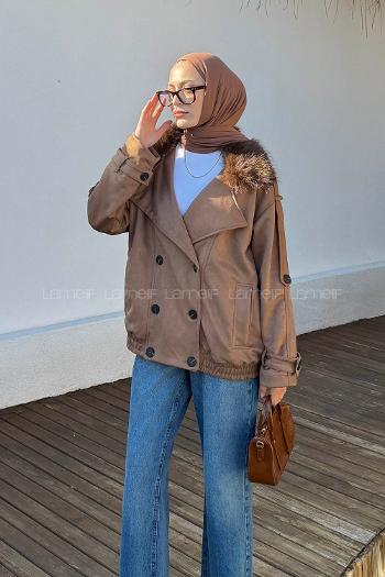 Lamelif Kürk Yakalı Süet Mont Camel