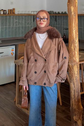 Lamelif Kürk Yakalı Süet Mont Camel