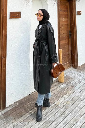 Lamelif Omuz Apoletli Deri Trençkot Siyah