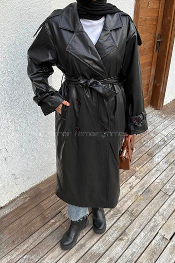 Lamelif Omuz Apoletli Deri Trençkot Siyah