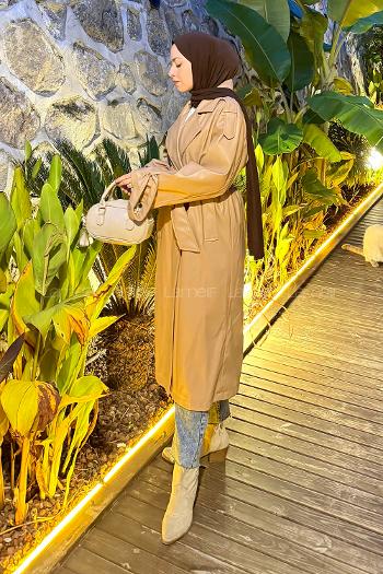 Lamelif Omuz Apoletli Deri Trençkot Sütlü Kahve