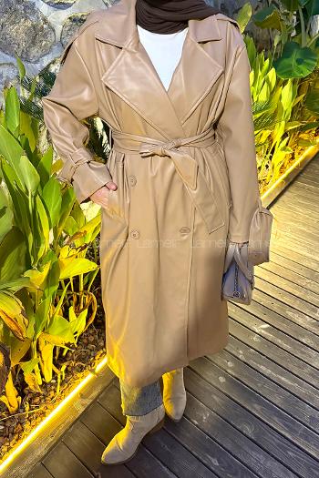 Lamelif Omuz Apoletli Deri Trençkot Sütlü Kahve