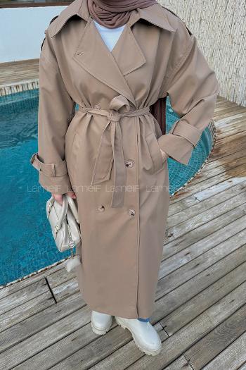 Lamelif Omuz Apoletli Premium Trençkot Camel