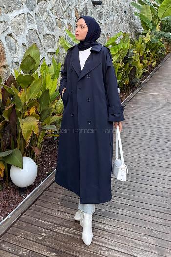 Lamelif Omuz Apoletli Premium Trençkot Lacivert
