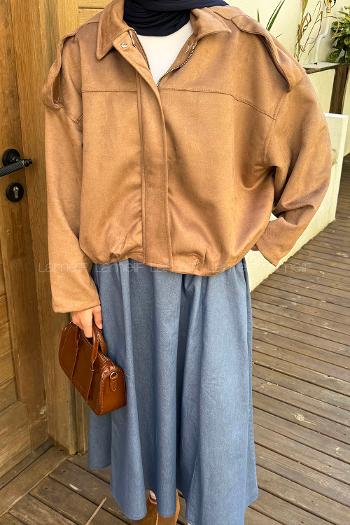 Soft Brown Shirt Collar Long Arm Cotton Suede Polyester Jacket