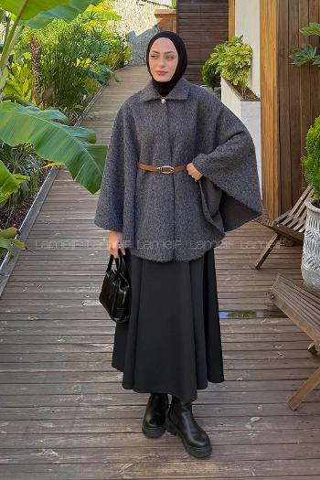 Lamelif Tek Düğmeli Beli Kemerli Sakallı Panço Antrasit