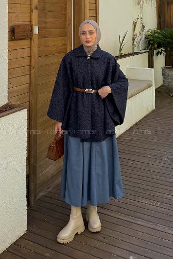 Navy Blue Normal Neck Polyester Poncho
