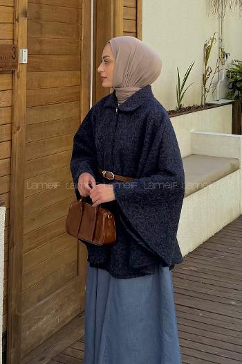 Navy Blue Normal Neck Polyester Poncho
