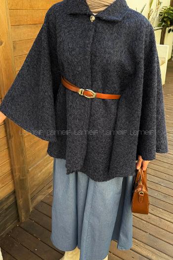 Navy Blue Normal Neck Polyester Poncho