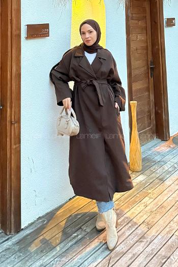 Lamelif Uzun Apoletli Trenç Kahverengi