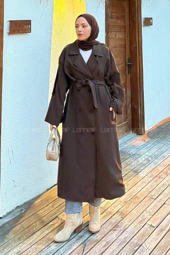 Lamelif Uzun Apoletli Trenç Kahverengi