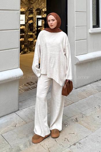 Lamelif Asimetrik Bisiklet Yaka Triko Takım Taş