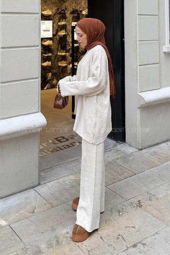 Lamelif Asimetrik Bisiklet Yaka Triko Takım Taş