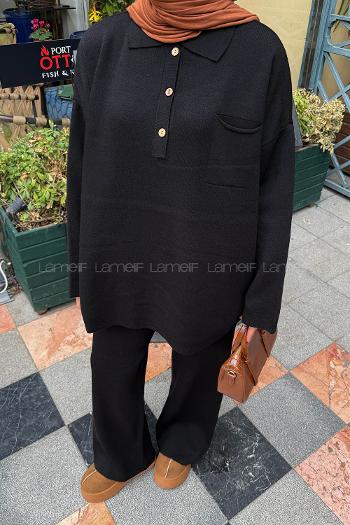 Lamelif Cep Detaylı Triko Takım Siyah