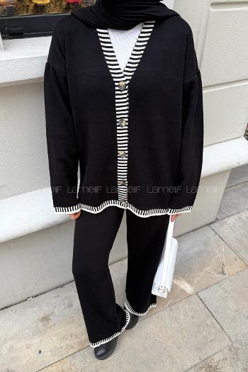 Lamelif Çizgili Triko Takım Siyah