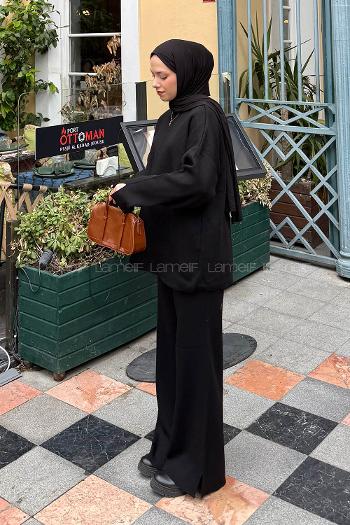 Lamelif Düz Bisiklet Yaka Takım Siyah