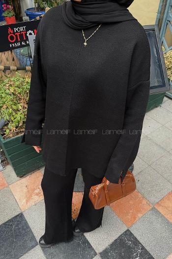 Lamelif Düz Bisiklet Yaka Takım Siyah