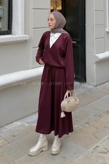 Lamelif Garni Yaka Etekli Takım Bordo