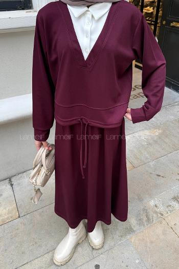 Lamelif Garni Yaka Etekli Takım Bordo