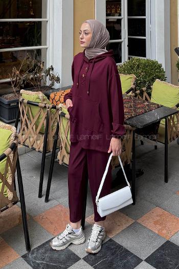 Lamelif Kapüşonlu İkili Takım Bordo
