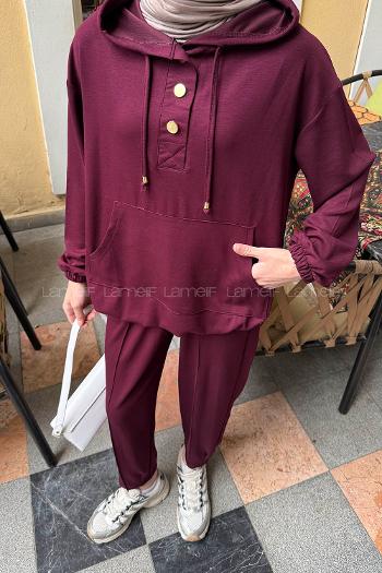 Lamelif Kapüşonlu İkili Takım Bordo