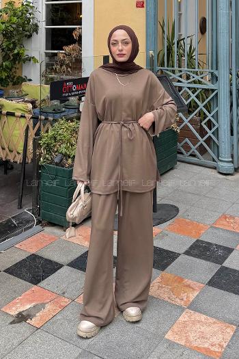 Lamelif Yırtmaçlı İkili Takım Soft Kahve