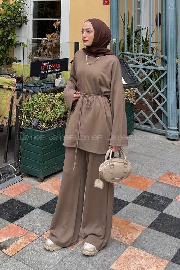 Lamelif Yırtmaçlı İkili Takım Soft Kahve