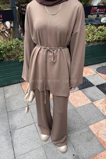 Lamelif Yırtmaçlı İkili Takım Soft Kahve