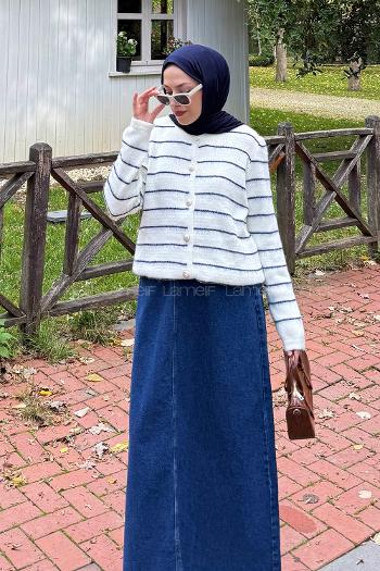 Striped Blue Crew Neck Long Arm Knitwear Cardigan