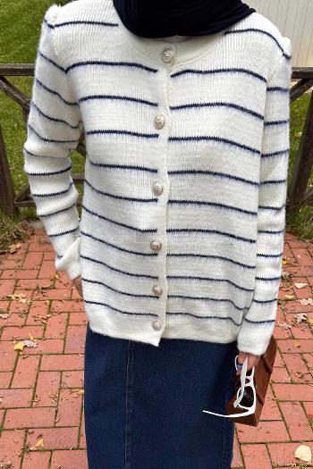 Striped Blue Crew Neck Long Arm Knitwear Cardigan