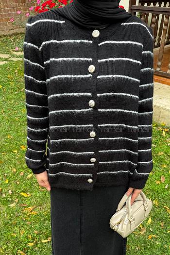 Lamelif Çizgi Detaylı Hırka Siyah