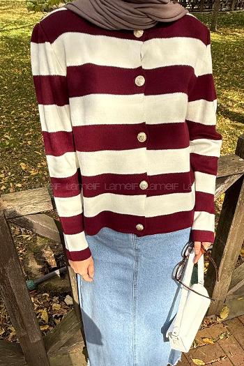 Lamelif Düğme Detaylı Çizgili Hırka Bordo