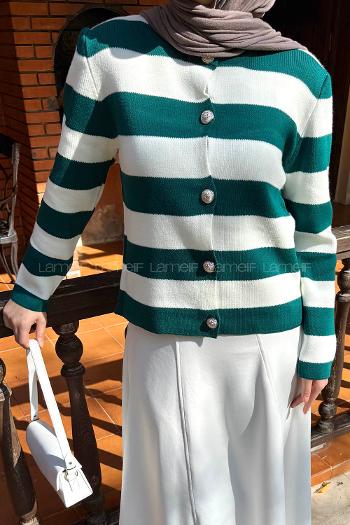 Lamelif Düğme Detaylı Çizgili Hırka Zümrüt