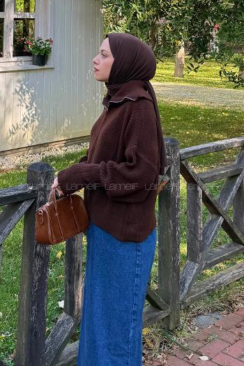 Lamelif Fermuarlı Triko Hırka Acı Kahve