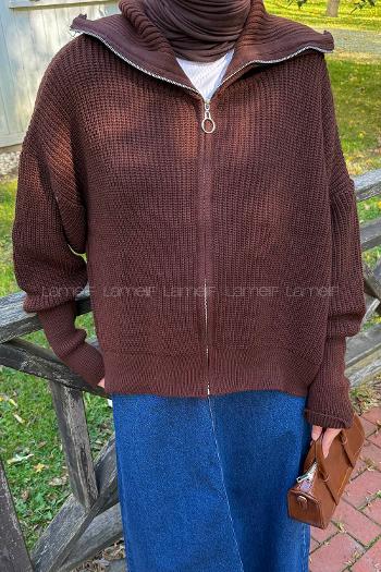 Lamelif Fermuarlı Triko Hırka Acı Kahve