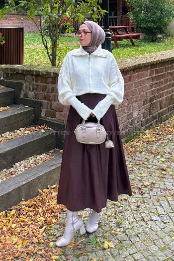 Lamelif Fermuarlı Triko Hırka Krem