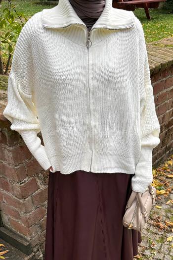 Lamelif Fermuarlı Triko Hırka Krem