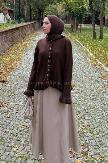 Bitter Brown Crew Neck Long Arm Acrylic Cotton Fabric Cardigan