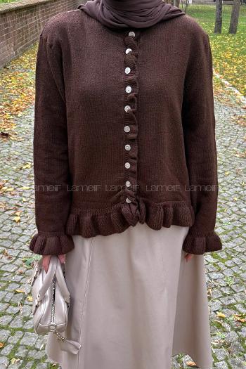 Bitter Brown Crew Neck Long Arm Acrylic Cotton Fabric Cardigan